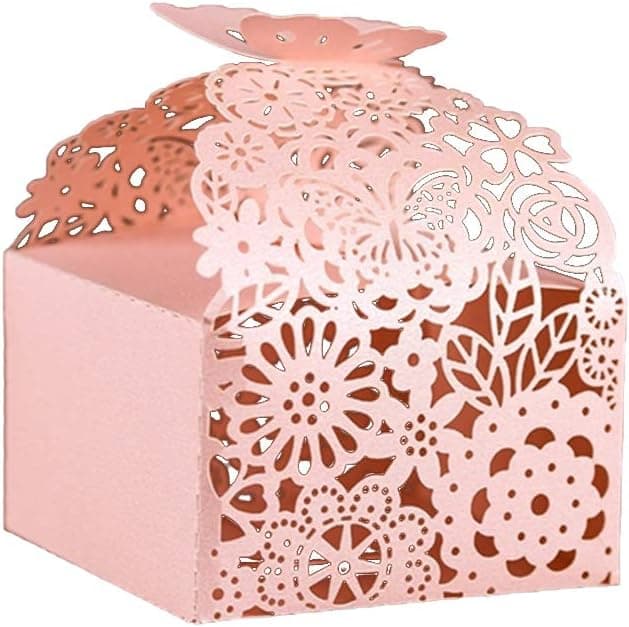 KAZIPA 50pcs Laser Cut Favor Boxes, 2.6" x 2.6" x 1.6" Floral Favor Boxes, Party Favor Boxes for Bridal Shower Anniverary Wedding Party Favor, Pink
