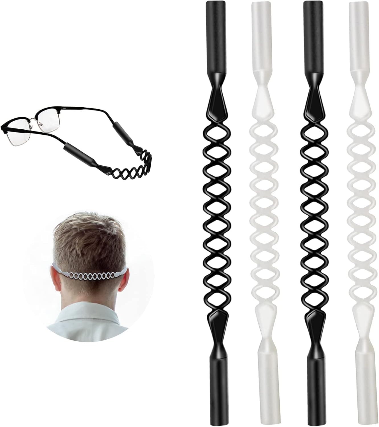 The Only One Brand 4PCS Glasses Strap Sports Eyeglass Strap for Kids Men Women, 2 Holes Anti Slip Sunglass Holder Strap for Glasses(9-17in,Black+Clear)