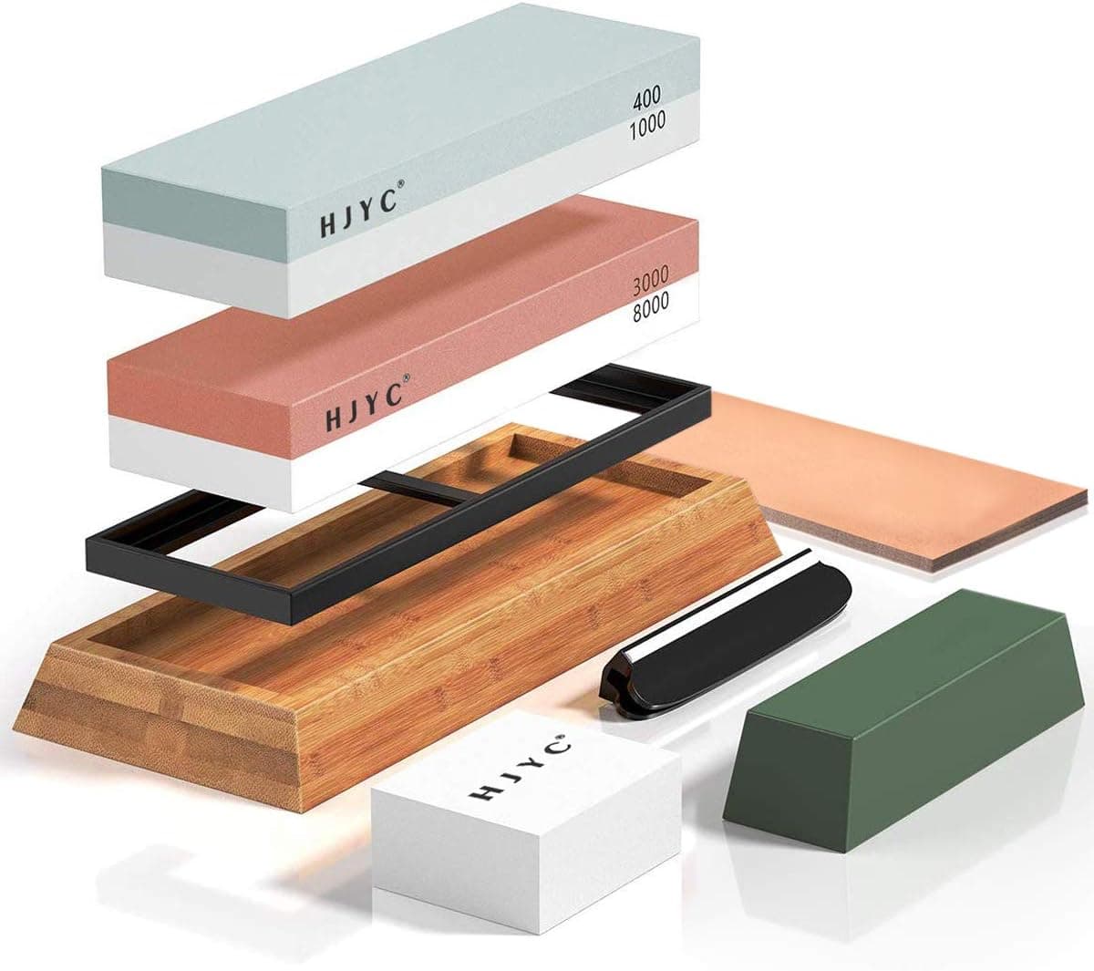 Knife Sharpening Stone Set,Premium 400/1000 3000/8000 Grit Whetstone Kit,Non-slip Bamboo Base,Flattening Stone,Angle Guide,Leather Honing Strop and Polishing Compound for Knives.