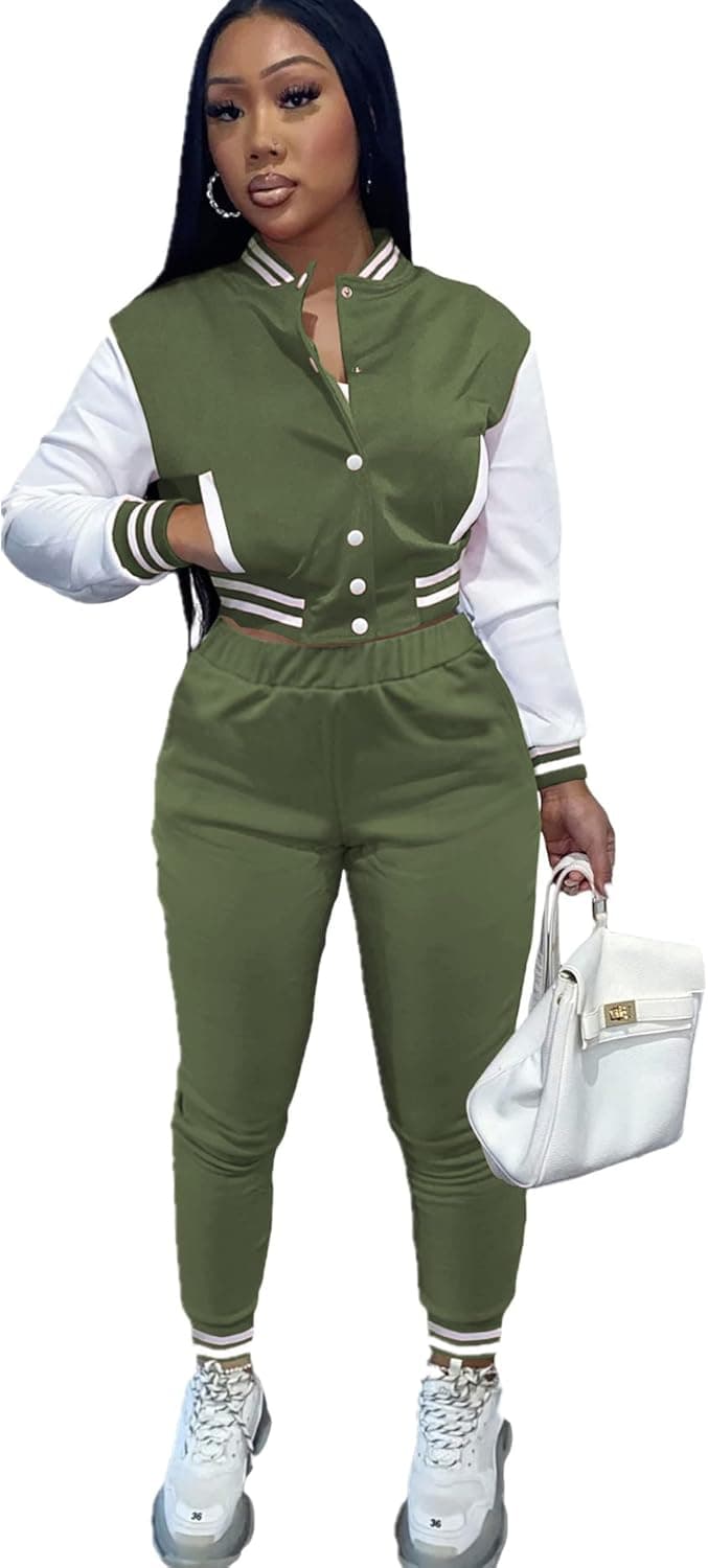ANICECUT Casual Sweatsuits for Women Set 2 Piece Long Sleeve Patchwork Button Down Varsity Jacket Sweatpant Workout Tracksuit