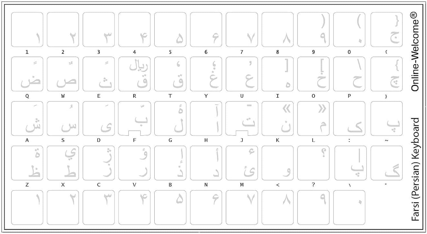 Online-Welcome FARSI (Persian) with White Letters Keyboard Stickers Transparent for Computers LAPTOPS Desktop Keyboards