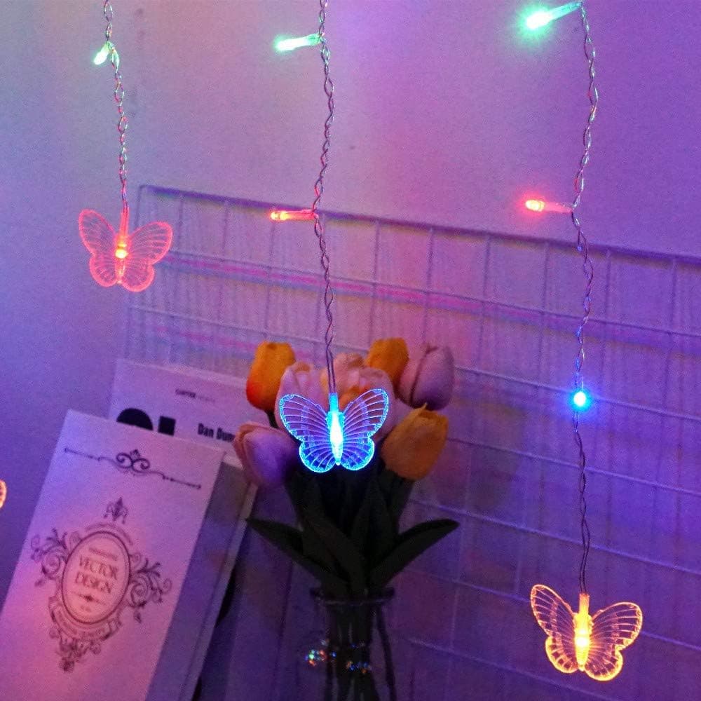 Curtain Fairy Lights Butterfly LED Window String Lights USB Powered 120 LED 14.7 FT 8 Modes Remote for Room Patio Wall Wedding Christmas Party Decoration (Multi)