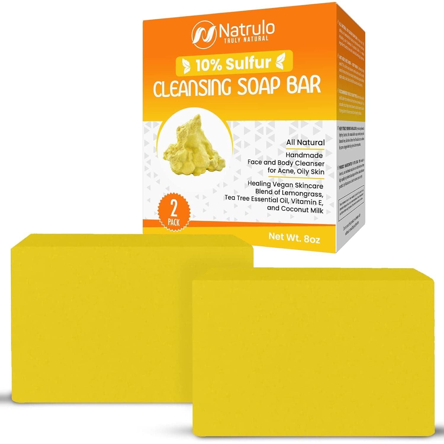 10% Sulfur Soap Cleansing Bar for Face & Body – All Natural Facial Cleanser for Acne, Oily Skin – Healing Skincare Blend of Lemongrass, Tea Tree Essential Oil, Vitamin E, Coconut Milk – 2 Pack, Made in USA