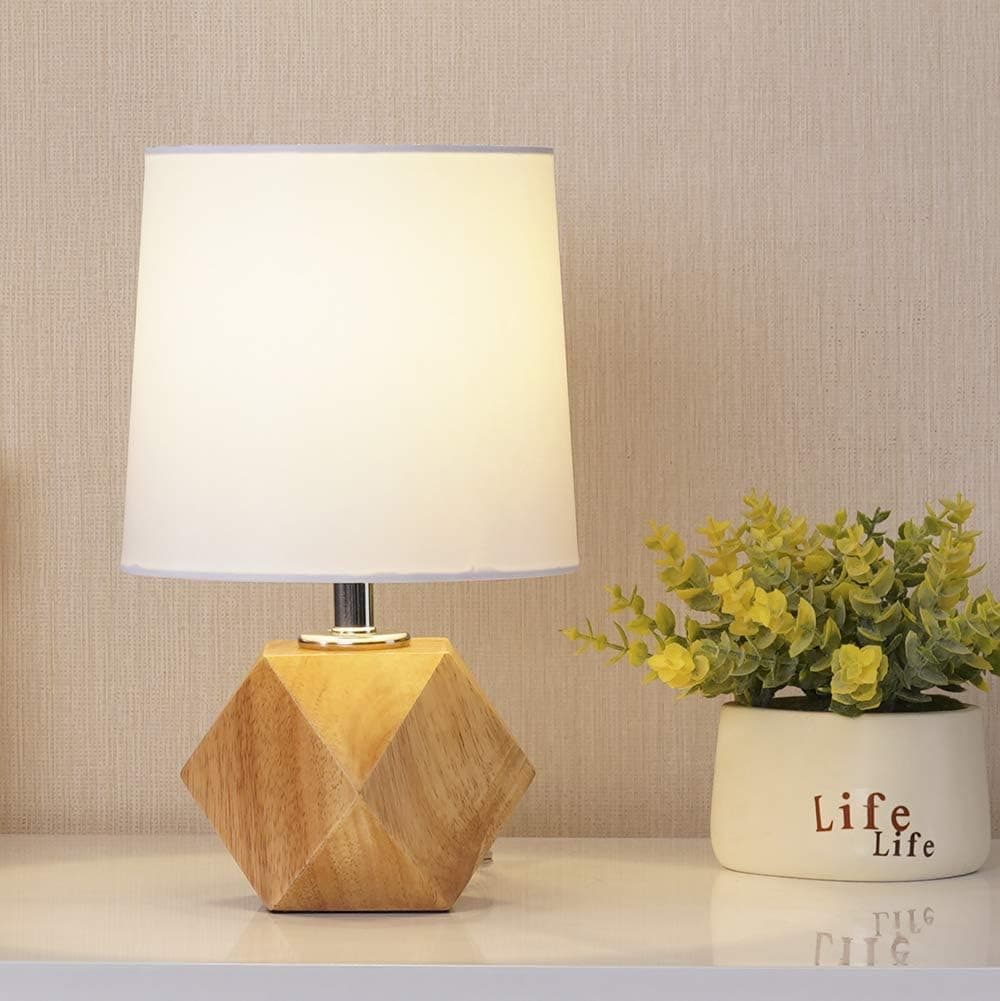 Glanzhaus 11.8" H Minimalist Solid Wood Base Bedside Beside Table Lamp, Desk Lamp with White Fabric Shade for Living Room Bedroom Kids Room, College Dorm, Coffee Table