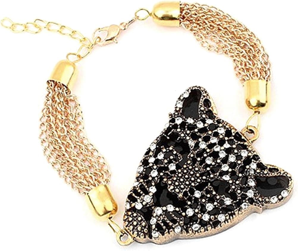 Fashion Gold-Tone Chain Crystal Beaded Cougar Head Charm Bracelet Strand Bracelet