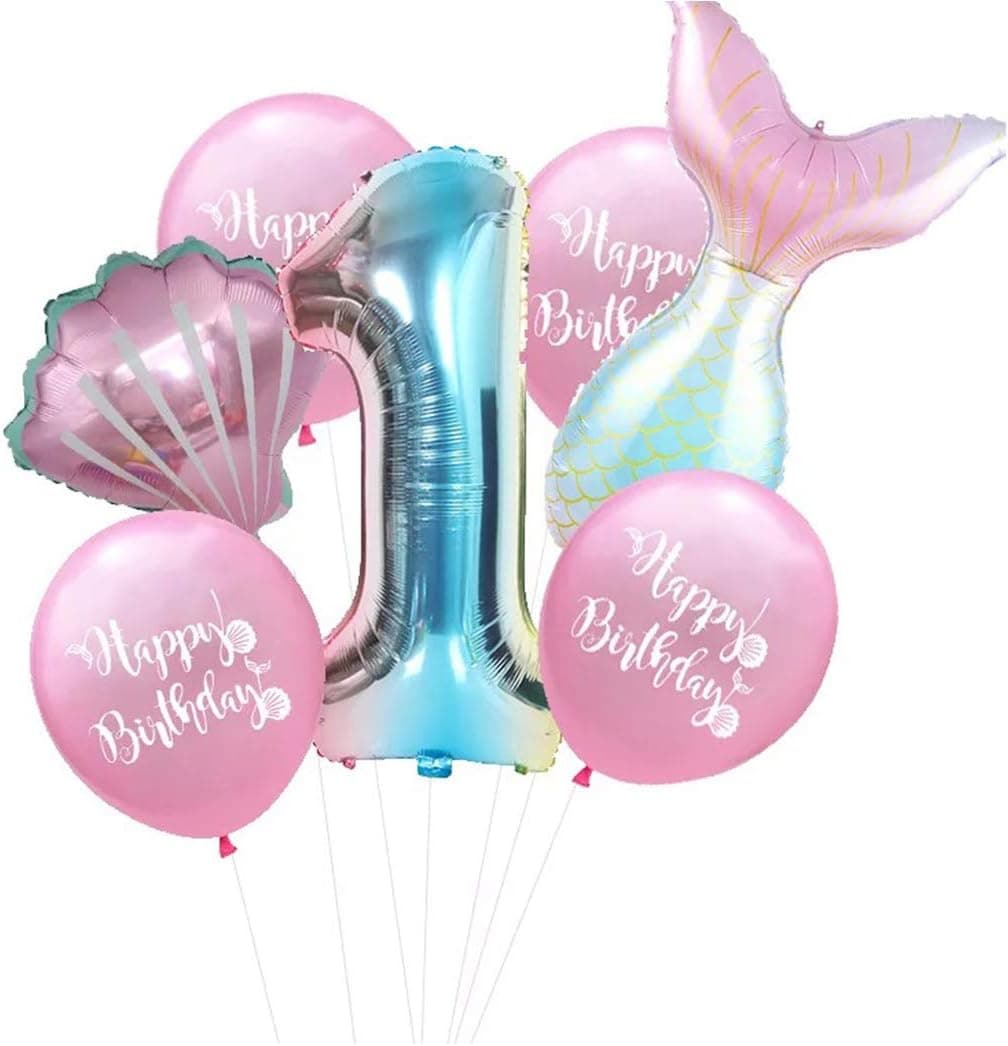 7pcs Mermaid Balloons Number Balloons for 1st 2nd 3rd Birthday Party Girls' Mermaid Tail Decoration Supplies (number 1)