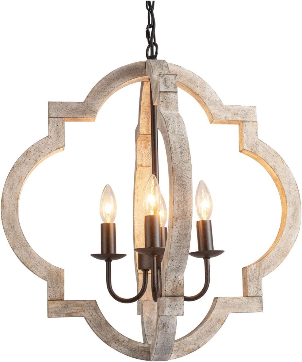 VILUXY Farmhouse Wood Chandelier Geometric Lantern Pendant Light 4-Light for Indoor Kitchen Island Dining Living Room Foyer