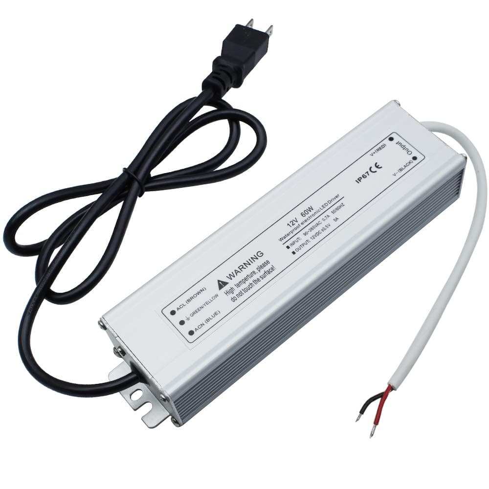 LightingWill LED Driver 60 Watts Waterproof IP67 Power Supply Transformer, 90-265V AC to 12V DC Low Voltage Output, Adapter with 3-Prong Plug 3.3 Feet Cable for Outdoor Use, Computer Project