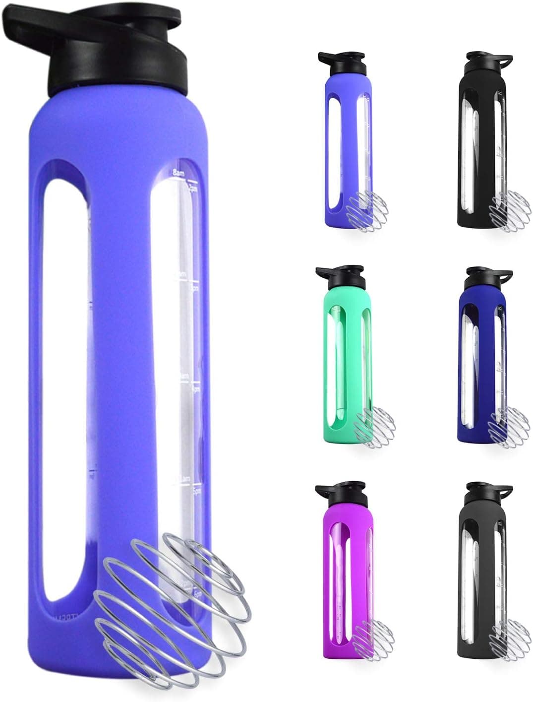 Glass Water Bottle 32 Oz With Silicone Sleeve Leak Proof Flip Top Protein Shaker Bottle 1L Motivational Water Bottle With Time Marker Reminder Reusable Wide Mouth Glass Sports Water Bottle BPA Free