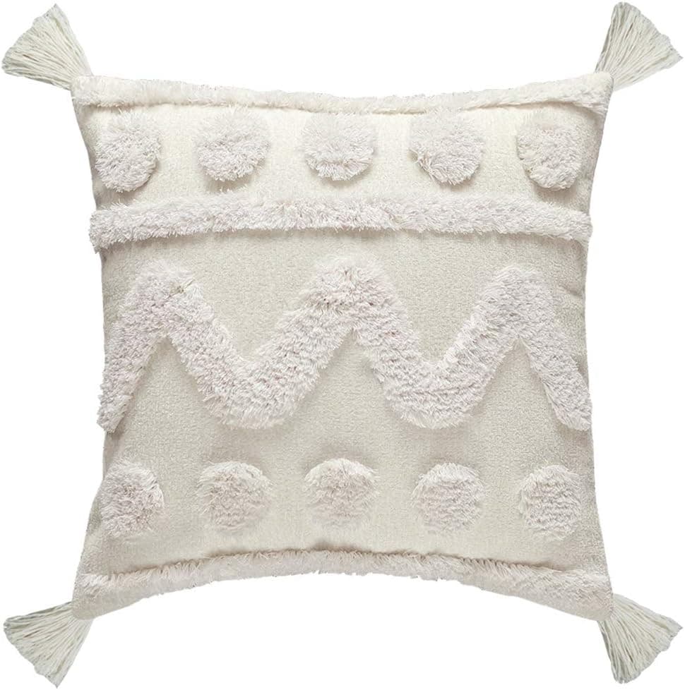 vctops Boho Geometric Tufted Throw Pillow Cover Tassel Morocco Tribal Decorative Pillowcases Square Cushion Case for Sofa Couch Living Room (WhiteA, 18"x18")