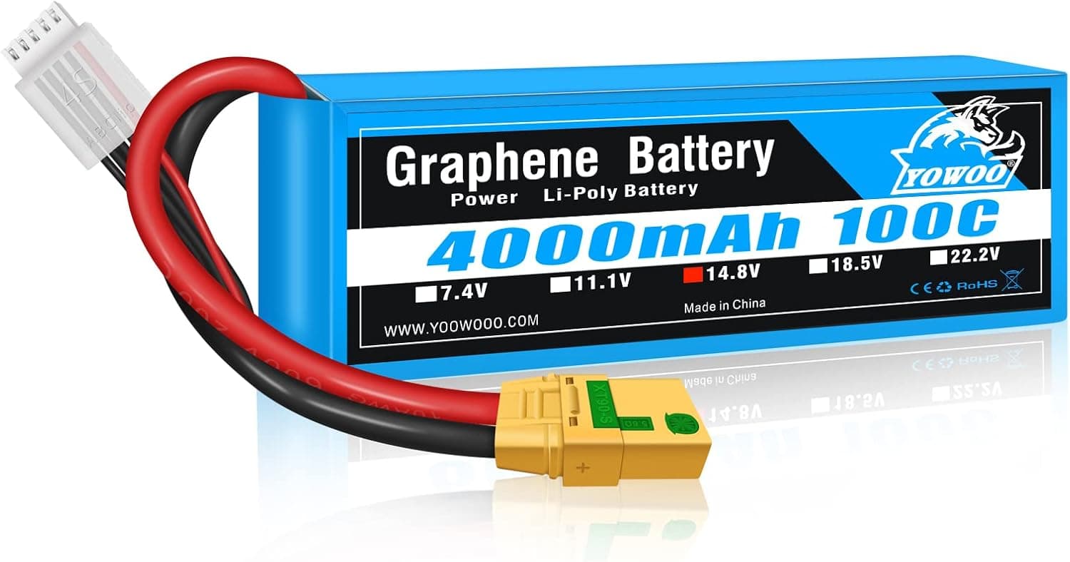 Yowoo Graphene Battery 4000mAh 100C 4S 14.8V Graphene Lipo Batteries with Amass XT90S Anti-Spark Plug for RC Truggy Truck Multirotors Hexacopter Quadcopter Airplane (5.35x1.65x1.29inch, 1.02Ib)