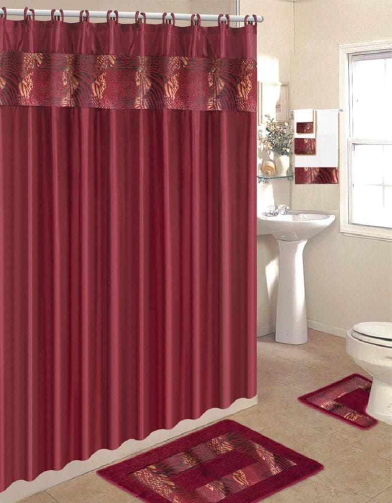 Burgundy 18 Piece Bathroom Shower Curtain Rug Bath Towel Set 09929
