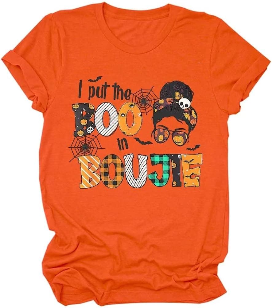 Funny Halloween Shirt I Put The Boo in Boujee Shirt Women Funny Messy Bun Pumpkin T-Shirt Tee Shirt Fall Tops