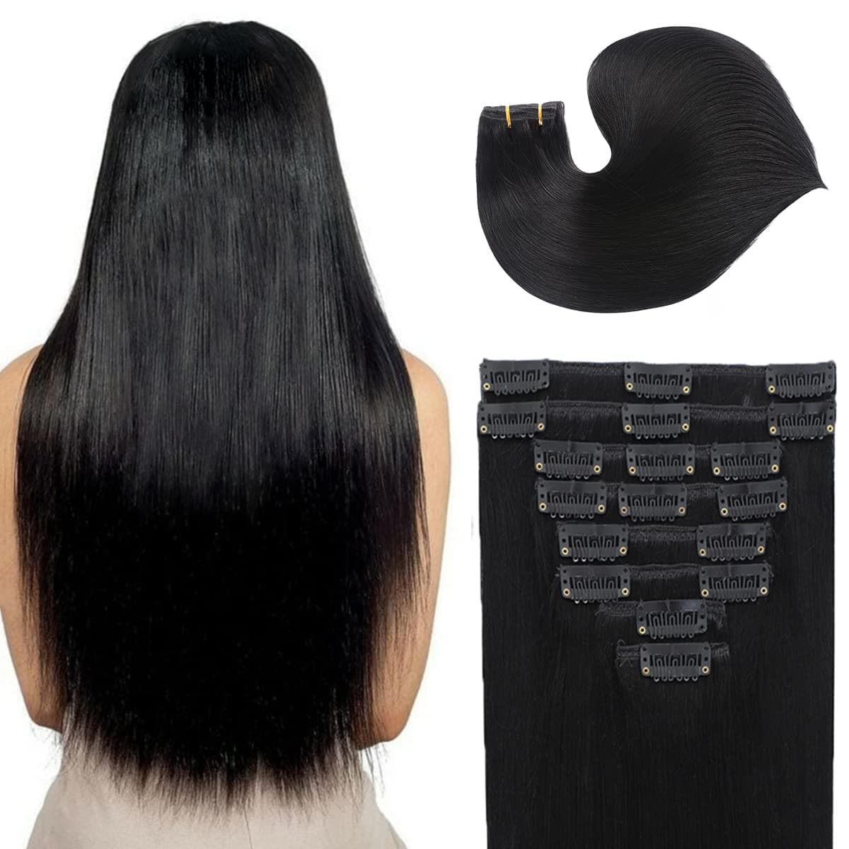 FUINAL Clip in Hair Extensions Real Human Hair 8pcs Per Set with 18Clips Double Weft Clip in Human Hair Extensions (10 Inch, 1 Jet Black)
