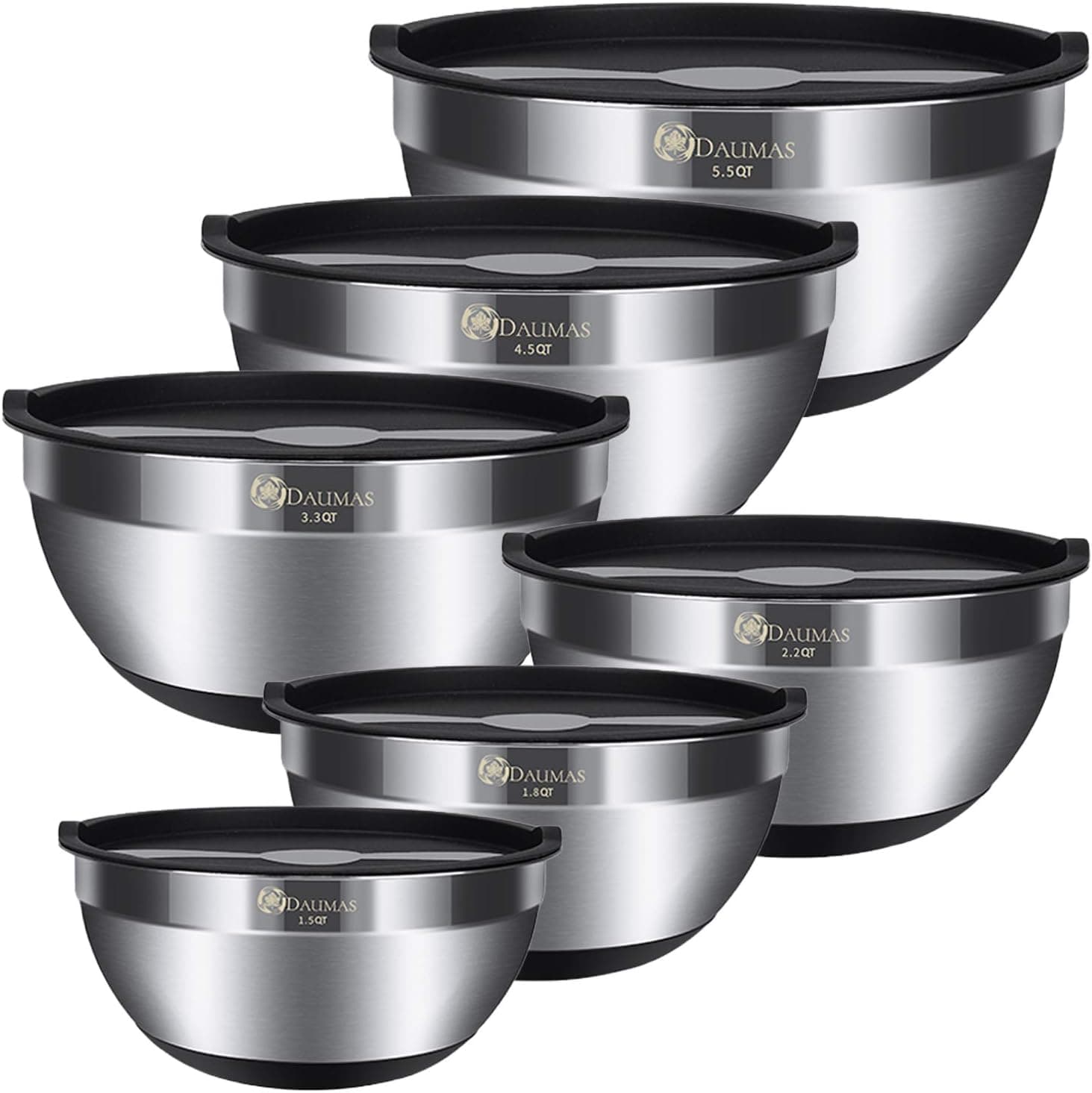 Daumas- 6 Piece Multifunctional, Mixing Bowls Set for Kitchen, Airtight Lids & Non-Slip Bottom in Black Color, Stainless Steel, Stackable Design, Size: 5.5/4.5/3.3/2.2/1.8/1.5QT.