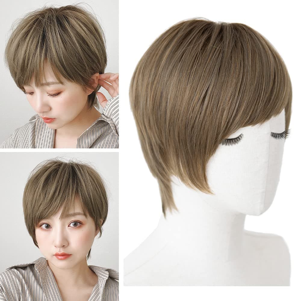 BRIGHT LELE Natural Full Short Hair Wigs With Asymmetry Side Bangs Pixie cut Wigs for Women Synthetic Hair Wig for Daily Party Cosplay Wig HF1284-RB-S