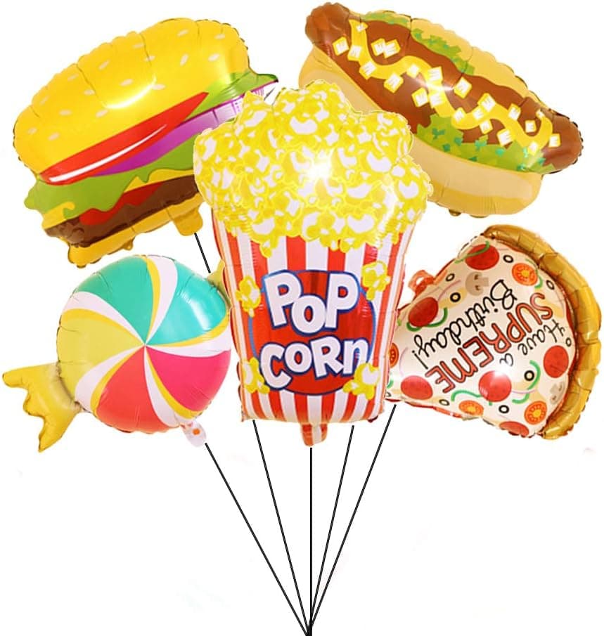 Food Mylar Balloon Hamburger Hot Dog Pizza Popcorn Candy Foil Balloon for Birthday Party Movie Night Decor Pack of 5