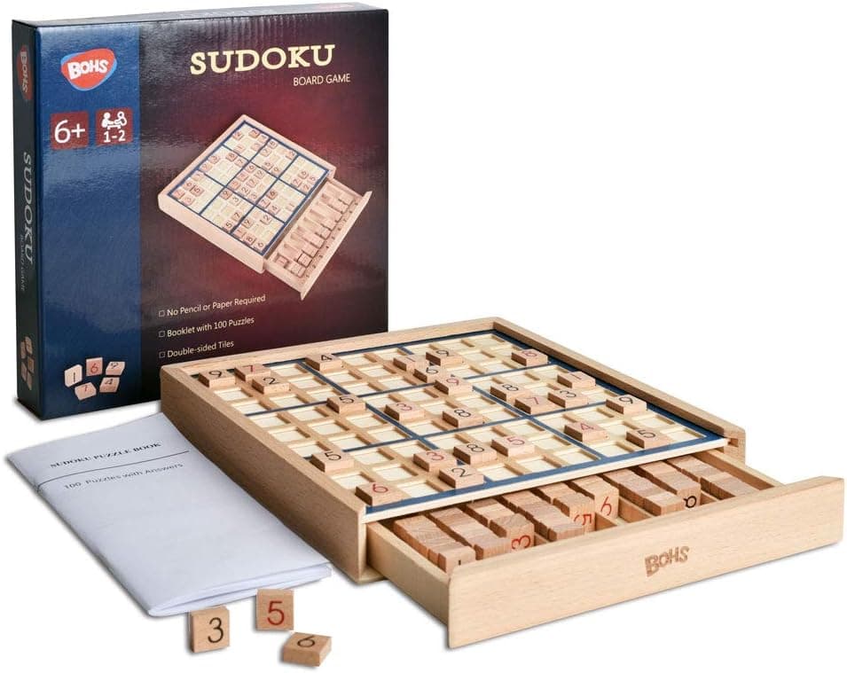 BOHS Wooden Sudoku Board Game with Drawer - with Book of 100 Sudoku Puzzles for Adults - Brain Teaser Desktop Toys