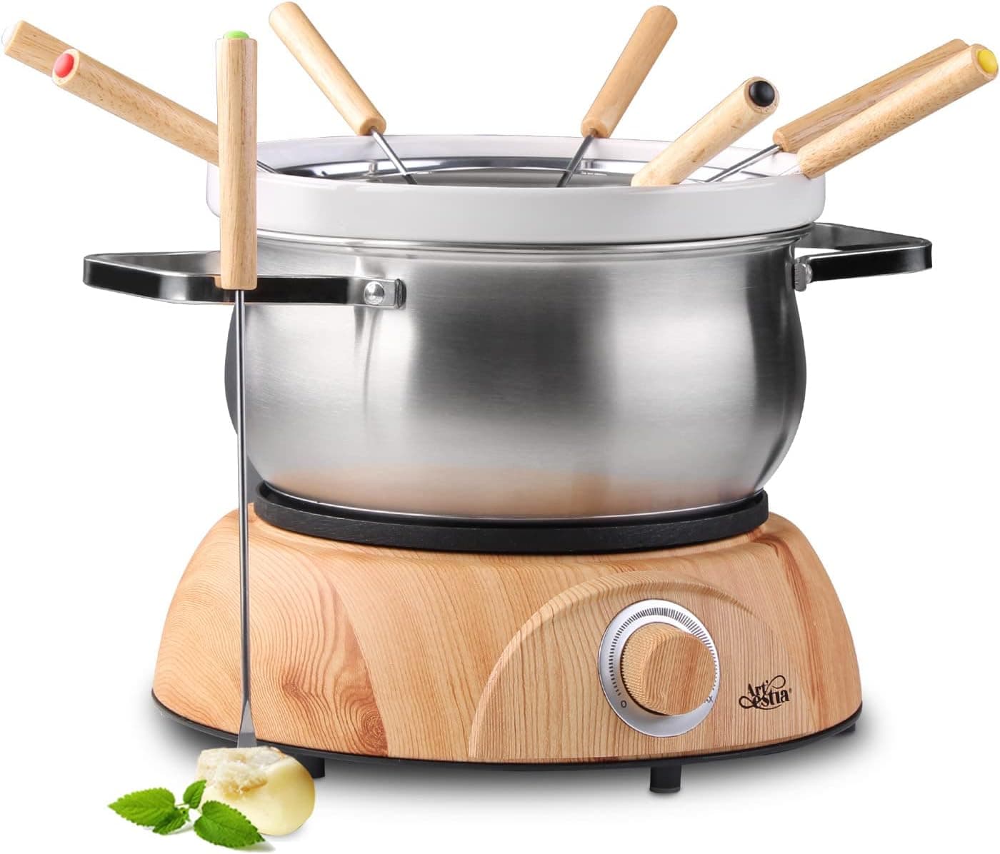 Artestia Fondue Pot Electric Set for Melting Chocolate Cheese, Wood Pattern Base Fondue Pot Sets with Temperature Control for Chocolate Cheese Candy Soap Wax Candle Making