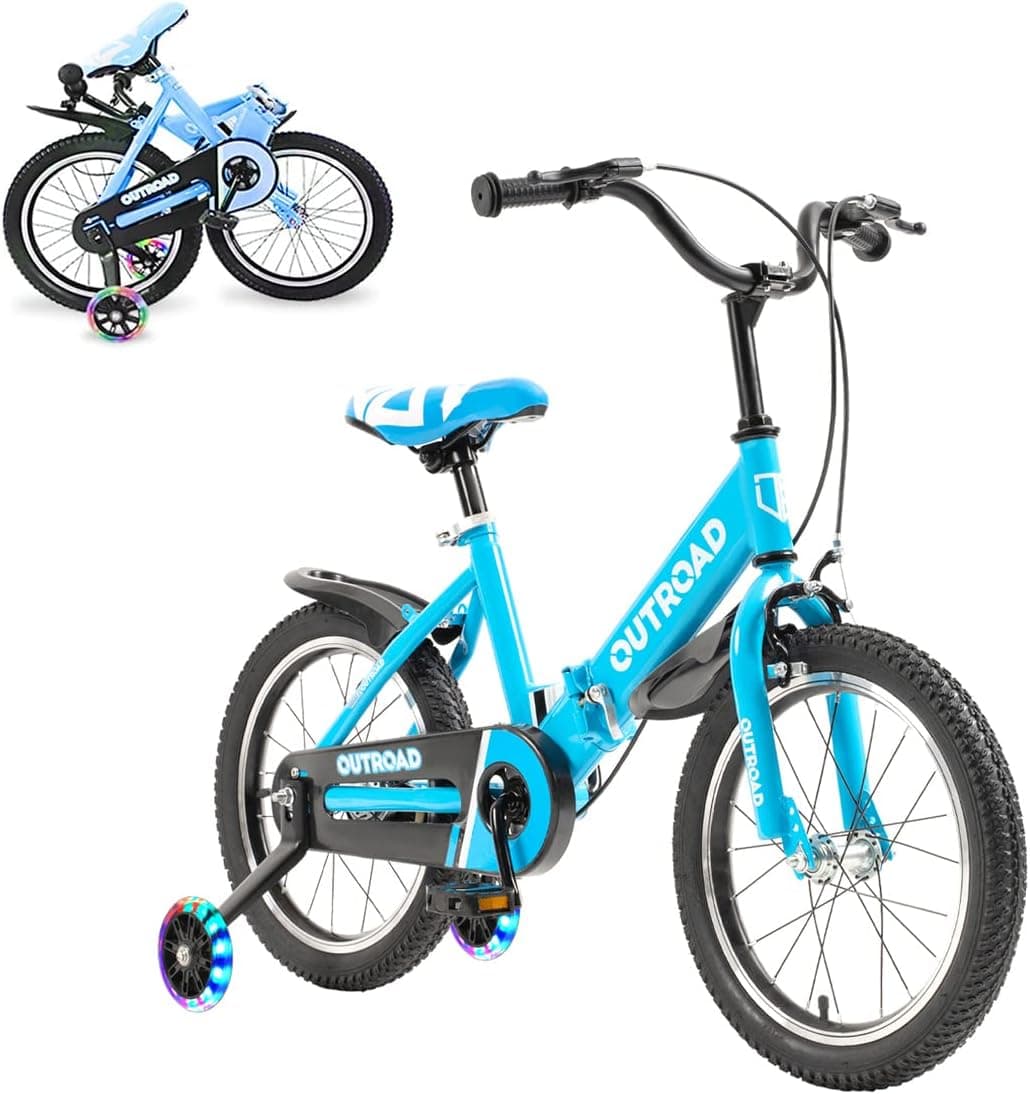 Max4out Folding Kids Bike for 3-7 Years Old Boys and Girls 14/16 Inch Foldable Kids' Toddler Bicycles with Flash Lighting Training Wheels and Dual Handbrakes, Baby Bike in Blue and Pink