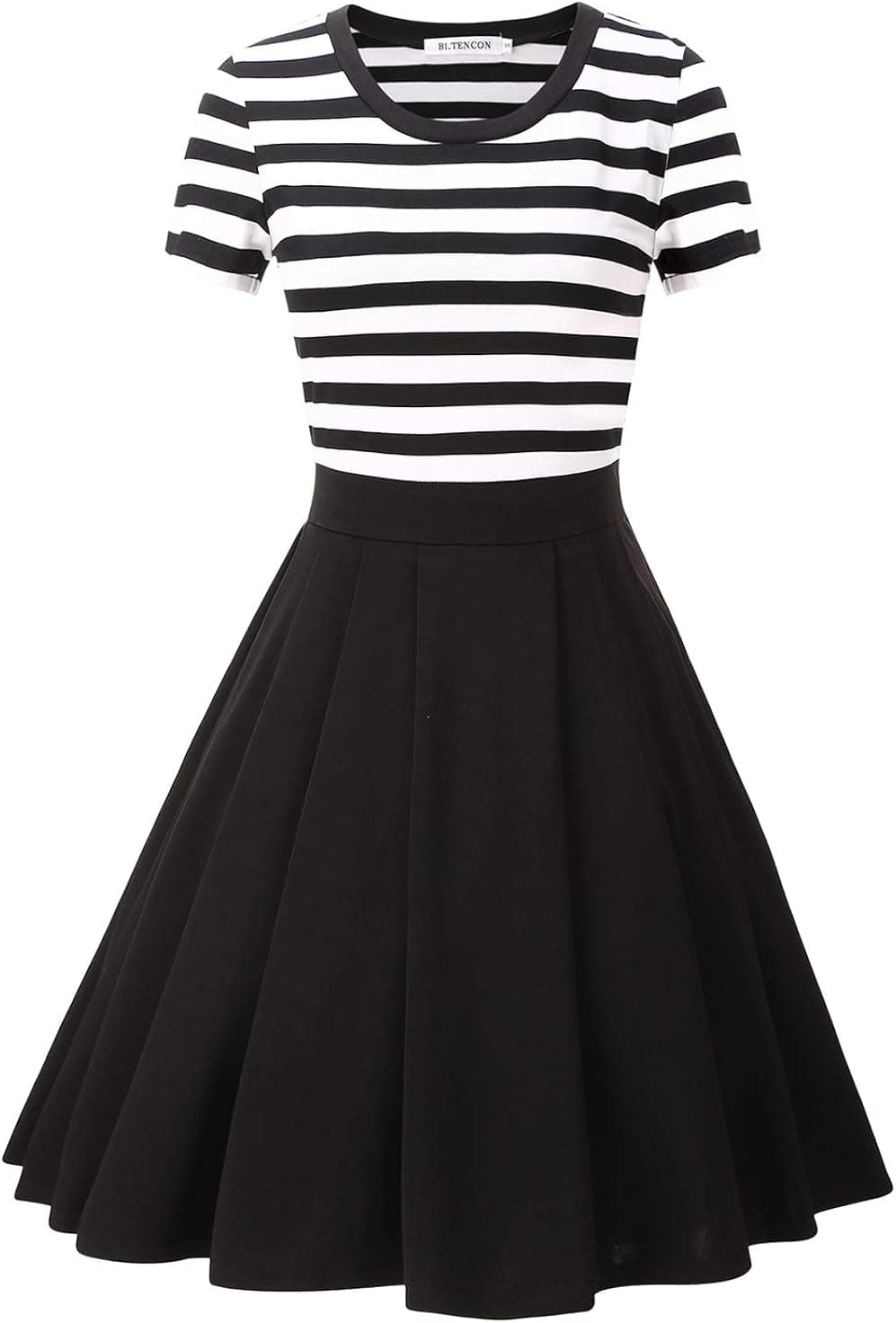 BI.TENCON Women's 1950s Vintage Retro Cocktail Swing Dresses with Sleeves Midi Length