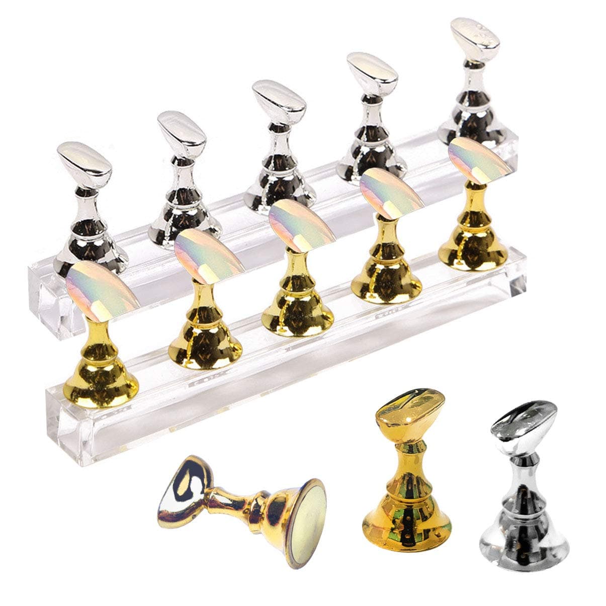 SIUSIO 2 Sets Nail Practice Holder Acrylic Nail Art Display Stand Magnetic Training Fingernail DIY Sets for False Nails Art Tips Manicure Tools(Gold and Silver)
