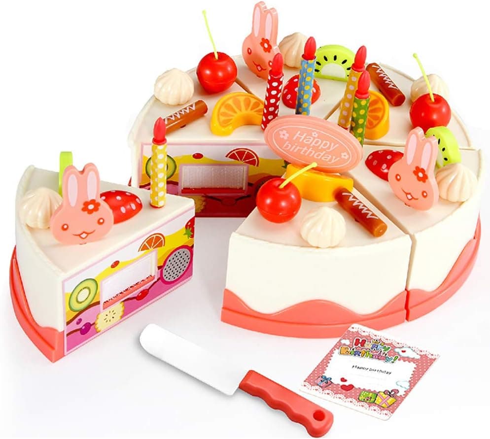 HenMerry 75PCS Birthday Cake Toy DIY Cutting Cake Play Set Kids Play Kitchen Food Pretend Play Food Set Cake Toy Best for Girls Kids Birthday Party Gift (A Style - Pink-38PCS)