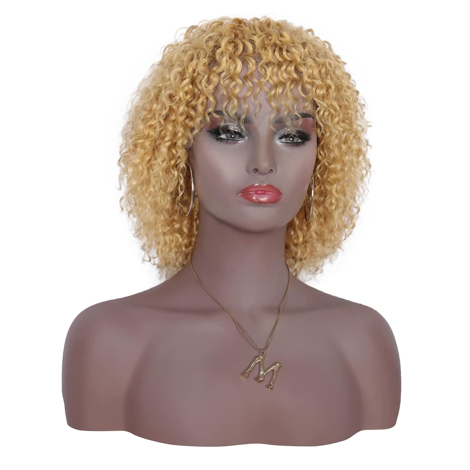 Brinbea 12" Short Curls Wavy Human Hair Wigs with Hair Bangs Curly Afro Wave Kinky Curl Blonde Brazilian Remy Real Hair Replacement Full Wig for Women (#27C)