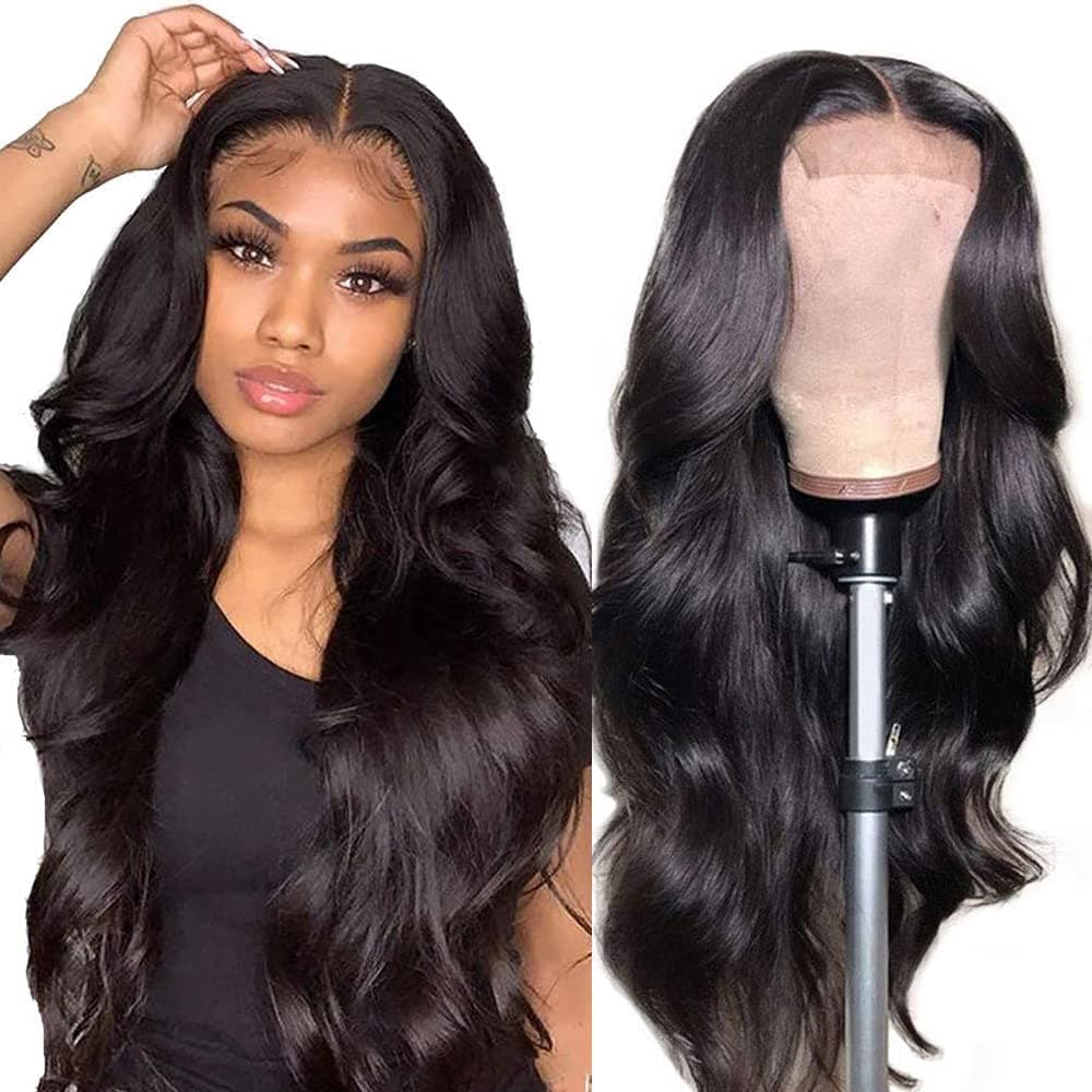 24 Inch Lace Front Wigs Human Hair Body Wave HD Transparent Lace Front Closure Wigs 150% Density Brazilian Human Hair Body Wave 4x4 Lace Closure Wig Pre Plucked with Baby Hair Natural Color