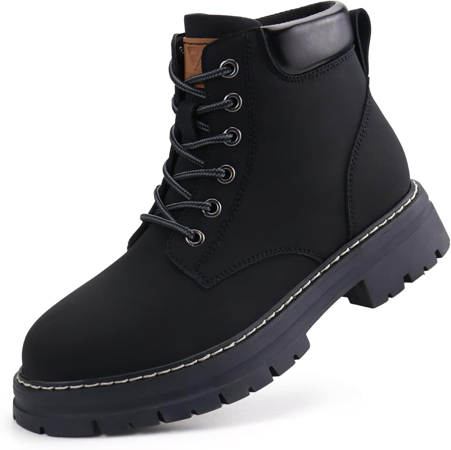 JABASIC Women Leather Ankle Combat Boots Low Heel Lace Up Outdoor Trekking Hiking Work Boots