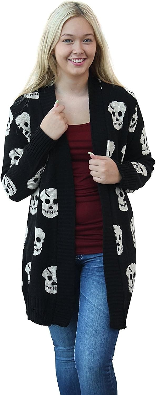 Crazy Girls Women's Skull Print Knitted Open Cardigan