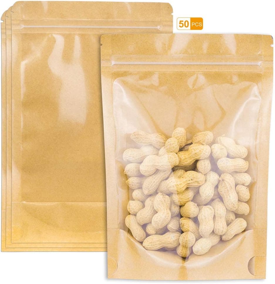 50 Pcs 5.5"x7.9" Stand Up Kraft Paper Bags, Reusable Zip Lock Sealing, Ideal for Coffee Beans, Nuts, Biscuits, Candy, Food Storage