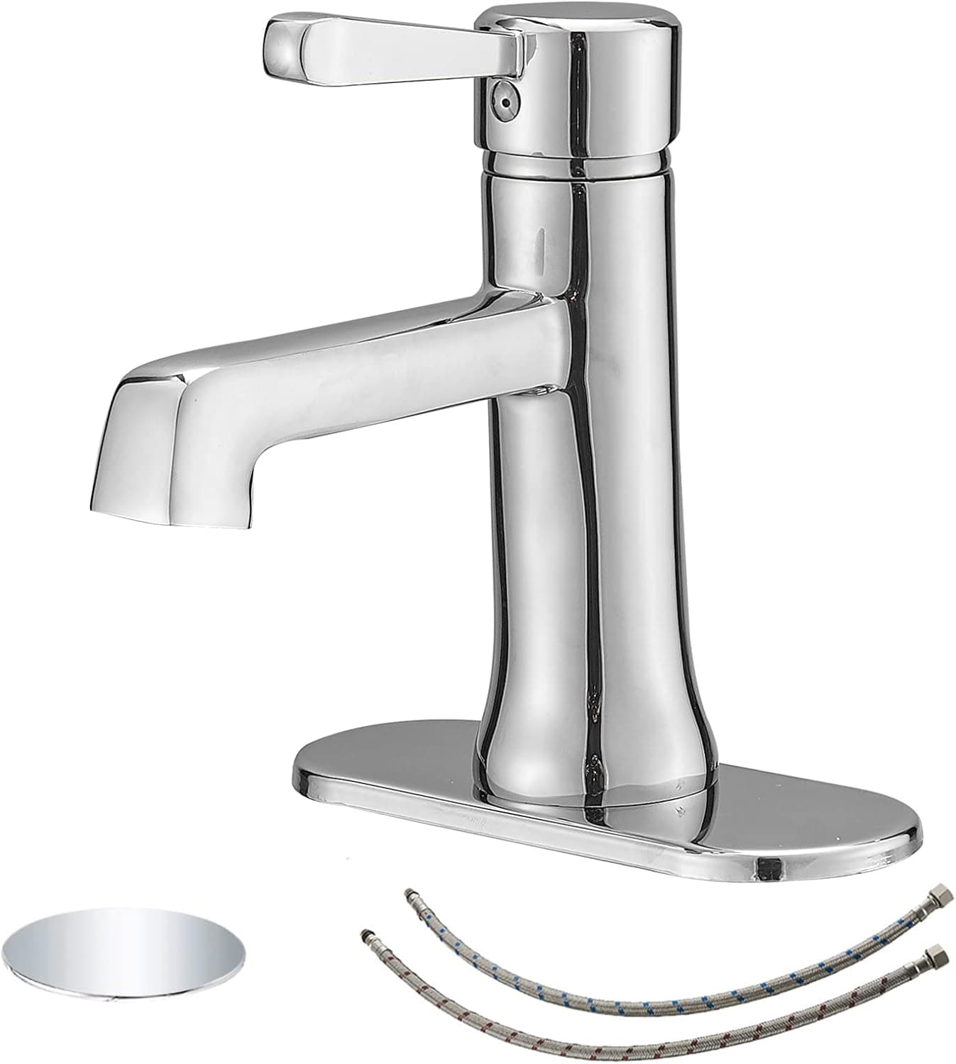 BWE Bathroom Sink Faucet Chrome for Sink 1 Hole Single Handle with Pop Up Drain Stopper with Overflow and Supply Lines Restroom Vanity RV Sink Lavatory Basin Bathroom Faucet Commercial Mixer Tap