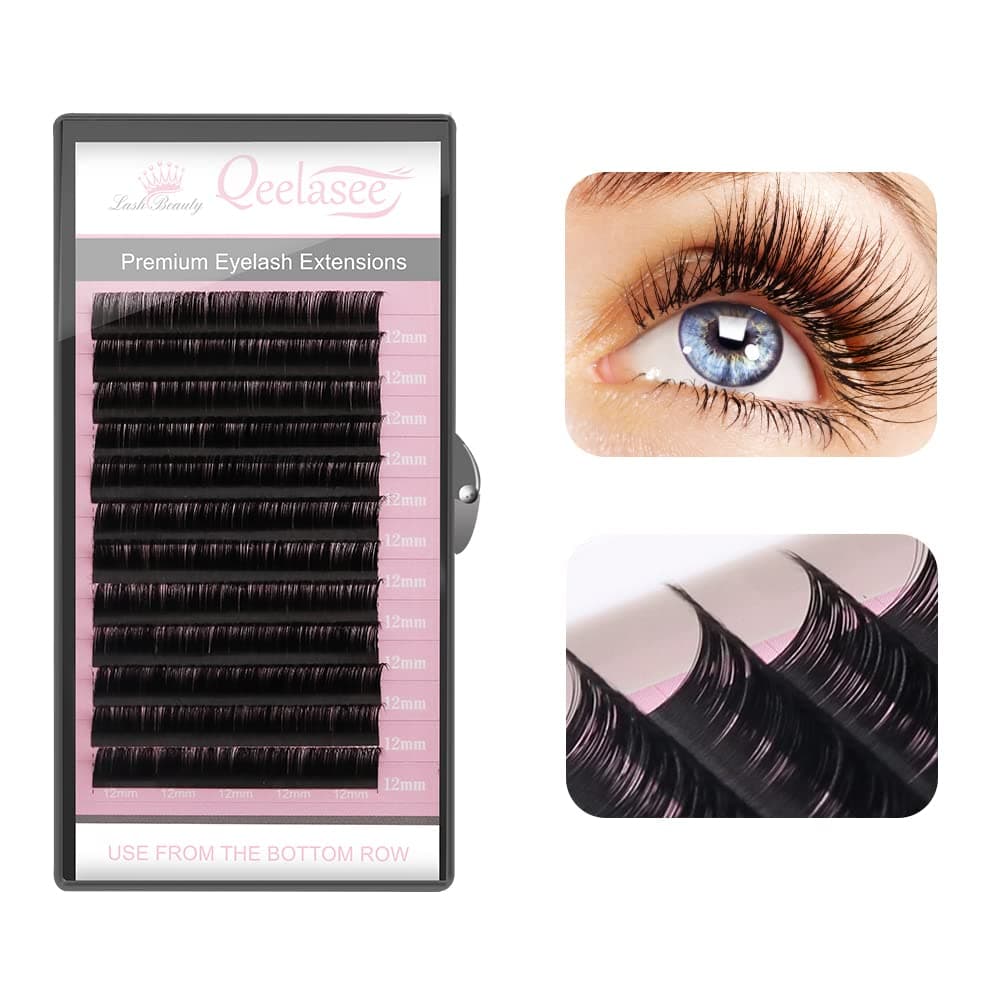Qeelasee Faux Mink Silk Eyelash Extensions 0.03mm C Curl 12mm Semi-Permanent Individual Lashes Extension Professional Salon Use