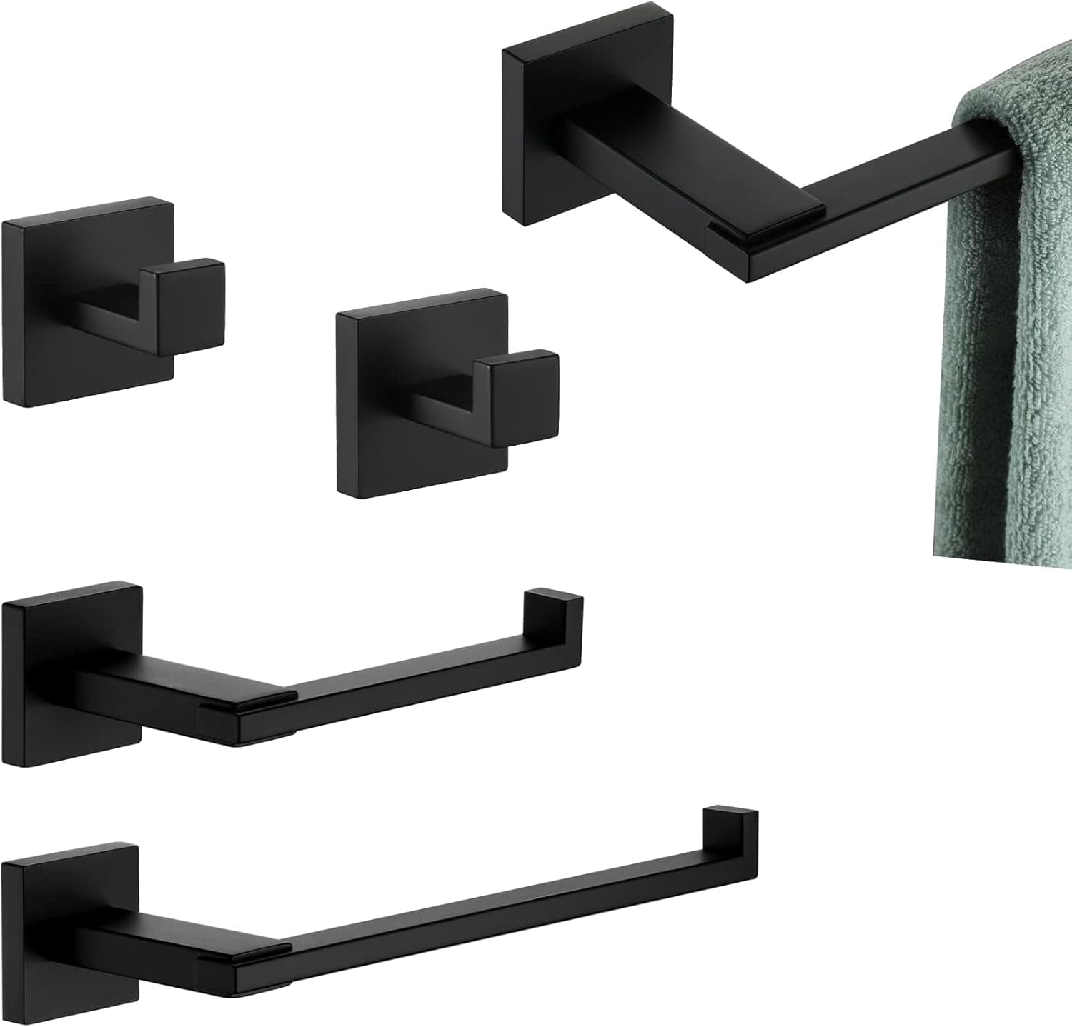 KOKOSIRI Bathroom Hardware Set 5-Piece Bath Accessories Included 24-Inch Towel Bar Towel Holder Toilet Roll Holder Robe Hooks Matte Black Stainless Steel B12A5-BK