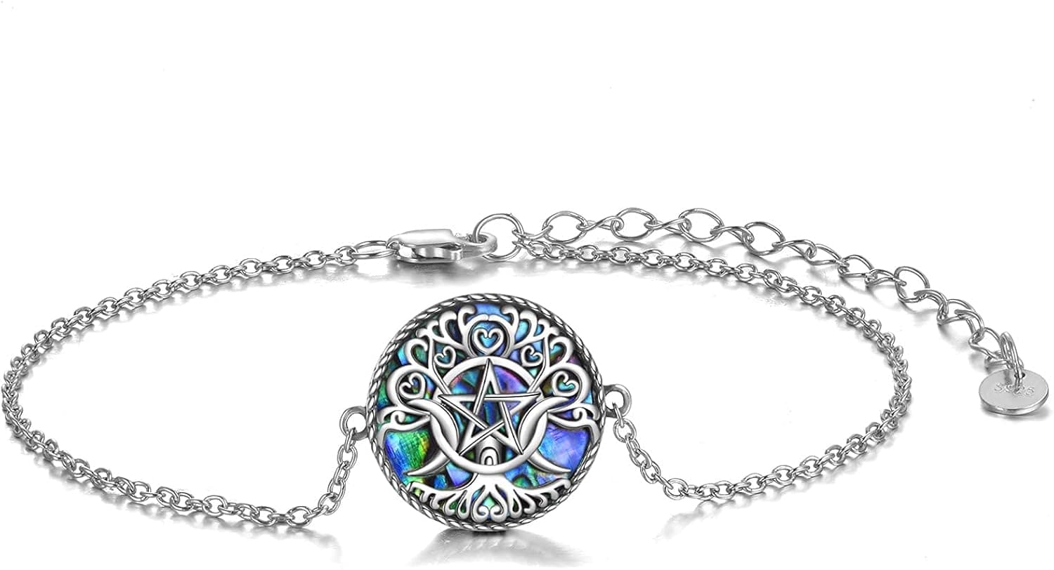 YFN Triple Moon Goddess Moonstone/Abalone Bracelets Gifts,Sterling Silver Amulet Wicca Pentagram Chain Bracelet for Women Men Pagan Jewelry