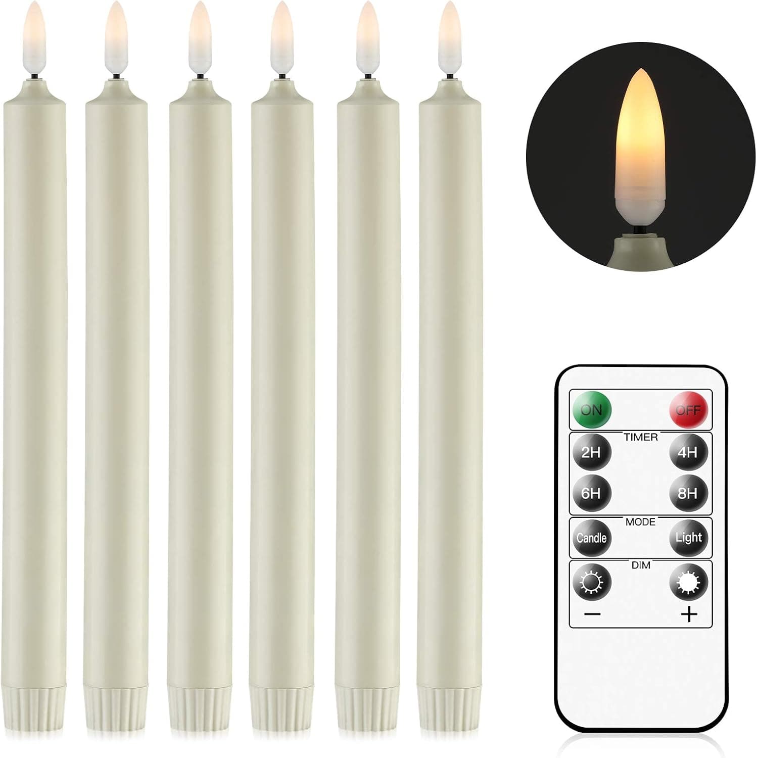 Vanchi 6 PCS 10“ Flameless Flickering Taper Candles Battery Operated with Remote and Timer, 3D Wick Window LED Candles Lights for Thanksgiving Decor（Ivory）