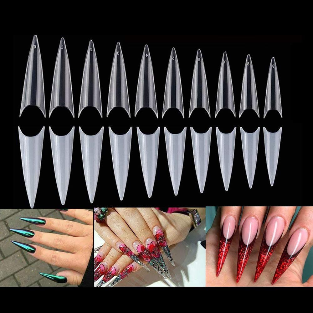 Long Stiletto Artificial False Nail Tips 10 Sizes for Nail salon,Natutal/Clear 2 Color Total 1000Pcs(long stiletto nail)