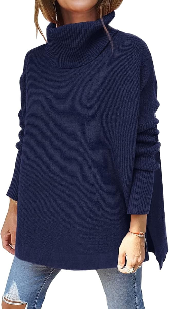 LILLUSORY Women's Turtleneck Long Batwing Sleeve Spilt Hem Tunic Oversized Pullover Sweater