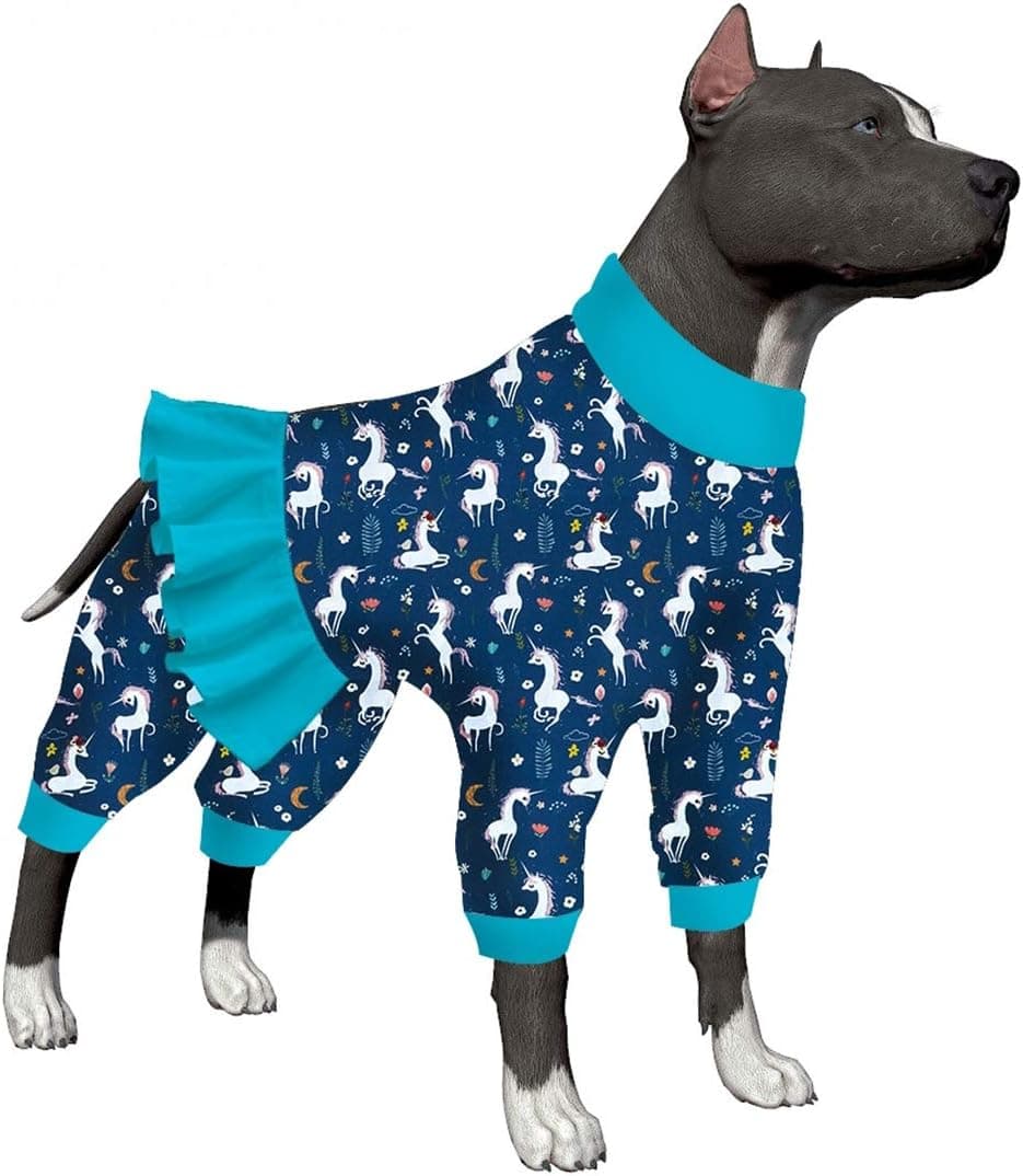 LovinPet Large Dog Clothes/Unicorn Dog Shirt Post Surgery Wear/Mermaids & Unicorns Unicorns Blue/White Prints/Lightweight Pullover Large Puppy Pajamas/Full Coverage Dog Pjs