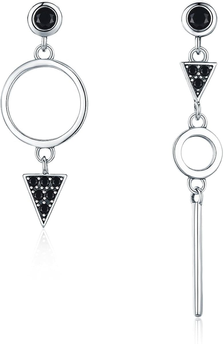 WOSTU Asymmetrical Triangle Earring 925 Sterling Silver Black Geometric Circle Drop Earring with Cubic Zirconia Mismatched Hypoallergenic Dangle Earring Dainty Stud Earrings for Women Girls Jewelry