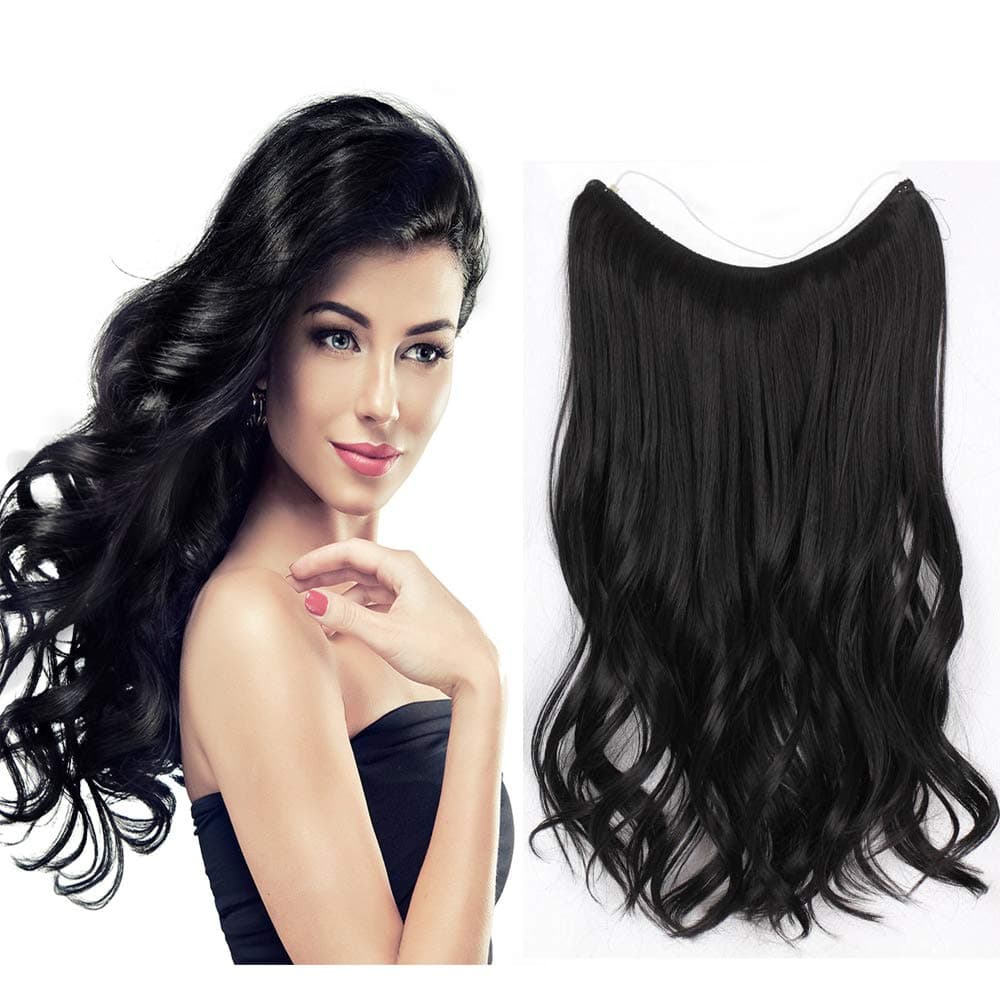 AisiBeauty 20"Synthetic Hidden Hair Extensions for Women Invisible Wire No Clips in Hair Extensions Curly Fish Line Hair Extension Wavy Black High Temperature Fiber Hair (1#)