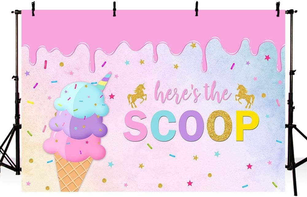 MEHOFOTO Unicorn Ice Cream Photo Studio Background Magical Gold Sparkle Girl Birthday Here's The Scoop Party Banner Pink Slime Colorful Stars Photography Backdrops for Cake Table Supplies 7x5ft