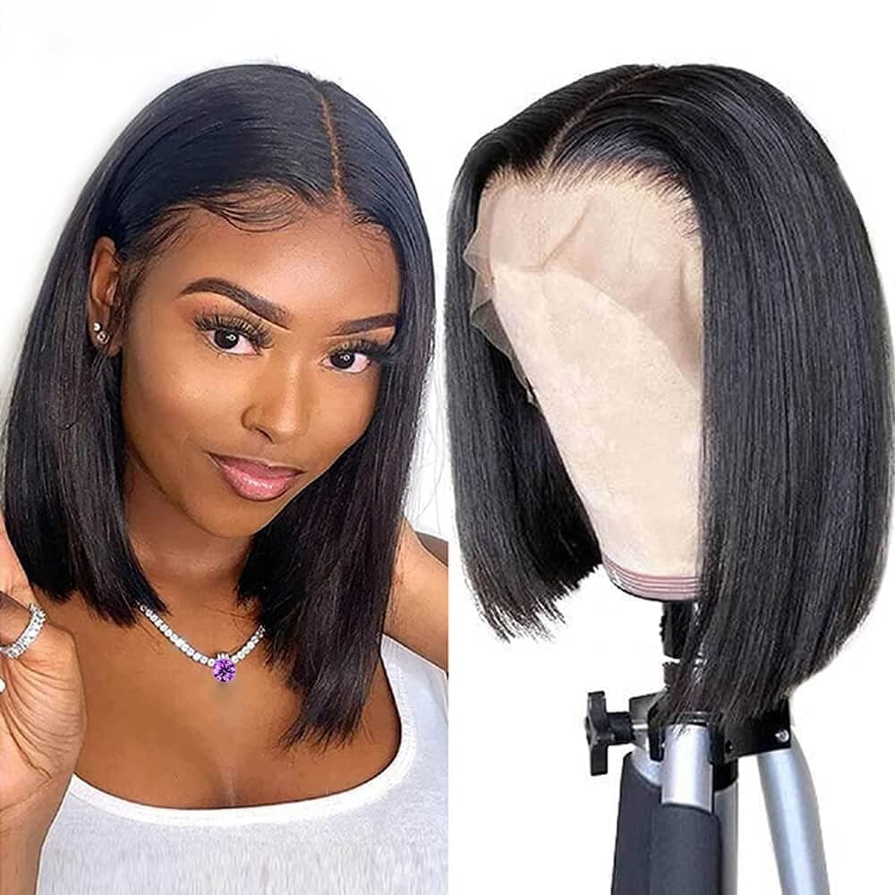 UDesire 12A Brazilian Straight Bob Wig Human Hair Wigs 13x4x1 Bob Lace Frontal Wigs 150% Density Short Bob Wigs for Black Women Natural Black Color (8 inch)