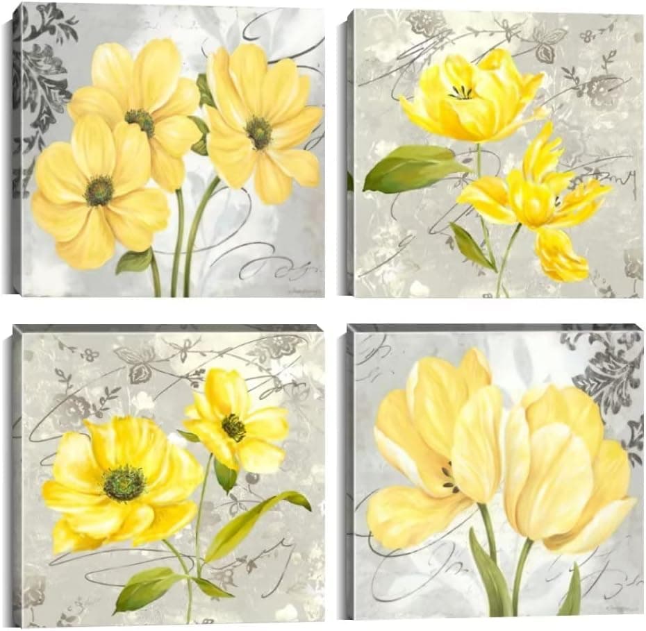Yellow Flowers Wall Decor Gray Abstract Print Canvas Bathroom Home Decor Decals Pictures 4 Panels Poster for Bedroom Living Room Office Painting Yellow and Gray Grey Framed Ready to Hang(16x16inchx4)