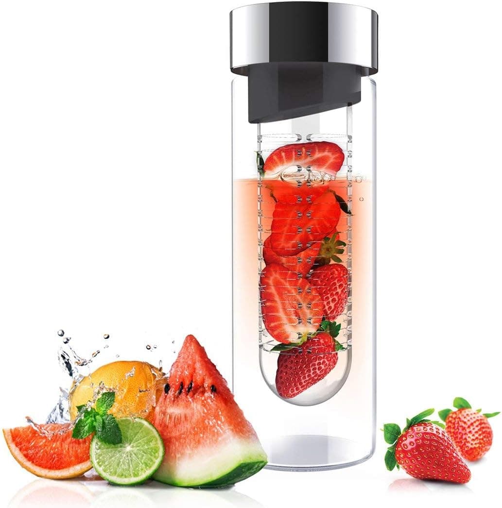 Asobu Flavor It 20 Ounce Glass Water Bottle With Fruit Infuser, Smoke Silver