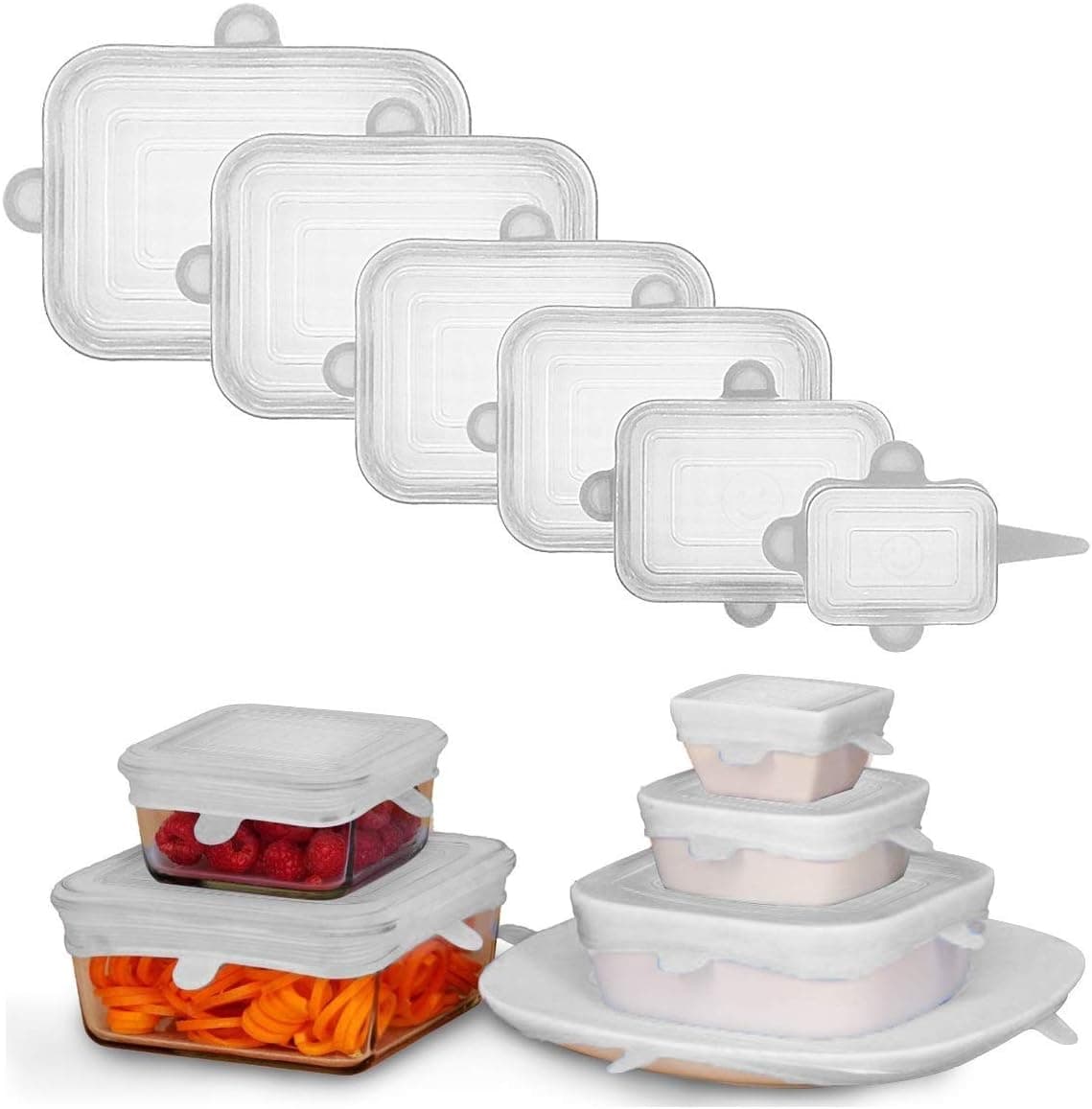 Adpartner 6PCS Rectangle Silicone Lids for Food Storage, Reusable BPA-free Silicone Stretch Lids in 6 Different Sizes to Fit Most Square and Rectangle Containers, Microwave Freezer Dishwasher Use Safe