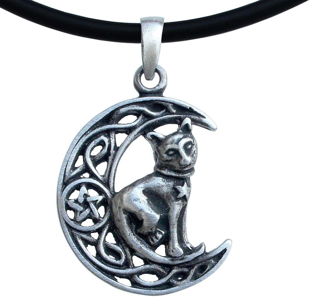 Cat Jewelry Celtic Crescent Moon Star Pentacle Pentagram Magic Wiccan Wicca Pagan Witch Witchcraft Protection Amulet Men's Pewter Pendant Necklace Lucky Good luck Charm Talisman for Men Women Girls