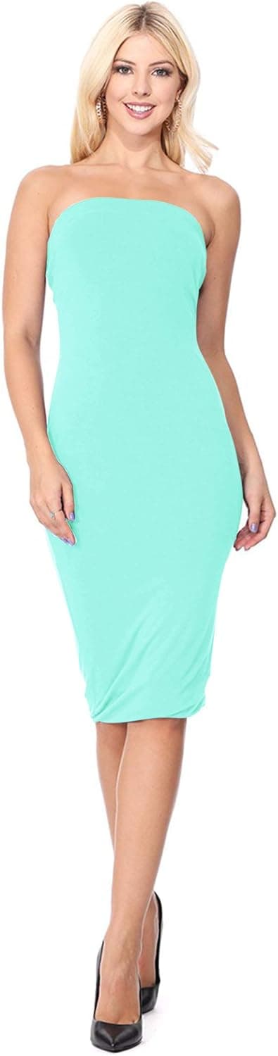 Women's Solid Casual Tube Top Slim Skinny Body-Con Fit Midi Dress/Made in USA