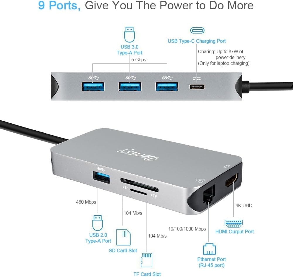 USB C Hub, Type C Hub with 4K USB C to HDMI, USB C Power Delivery Port, Ethernet Port, 4 USB 3.0 Ports, SD/TF Card Reader, Portable for MacBook Pro and Other Type C Laptops (Space Grey)